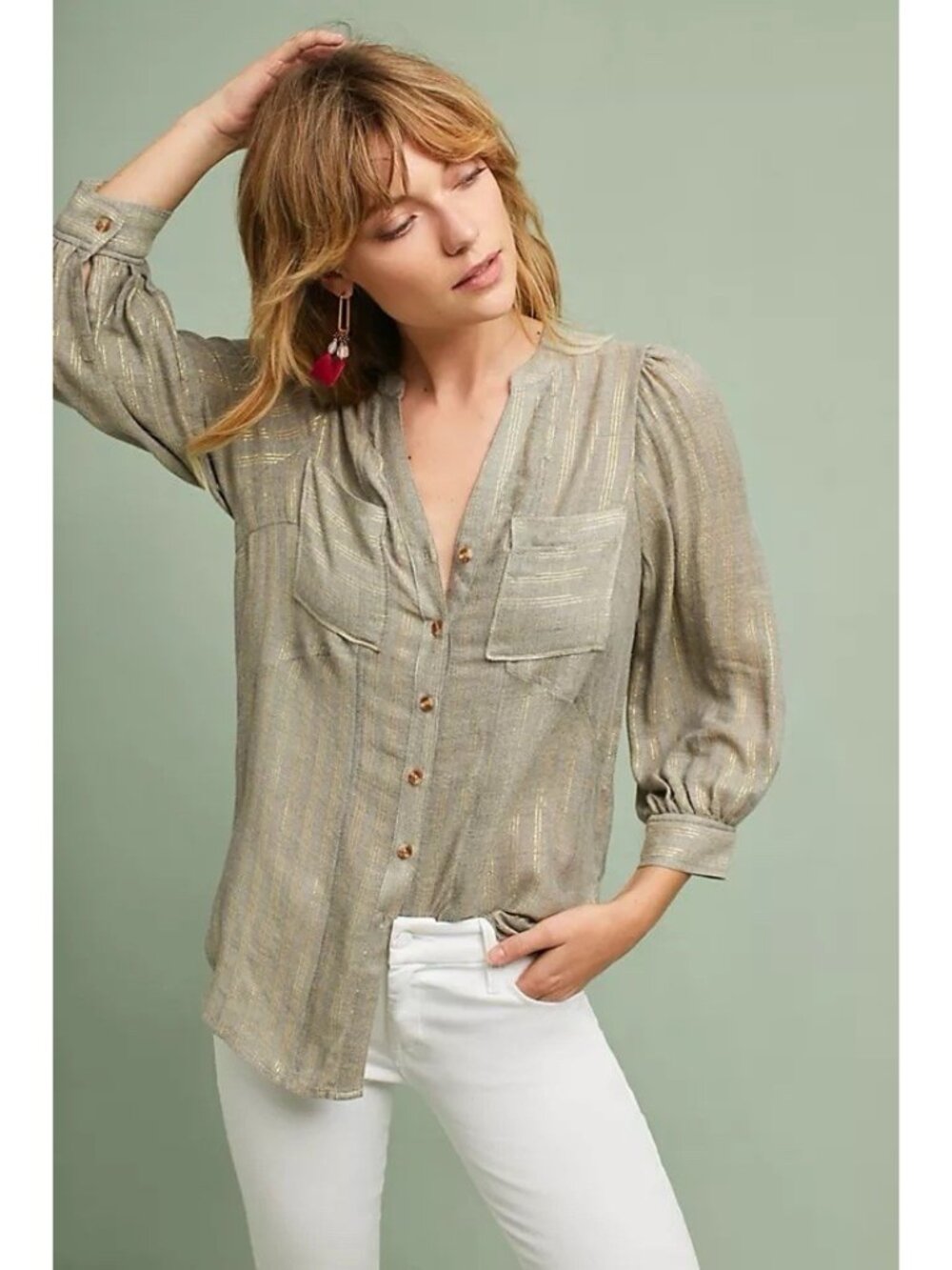 Akemi + Kin Metallic Button Down Wool RayonMock Neck  Blouse 8 Anthropologie